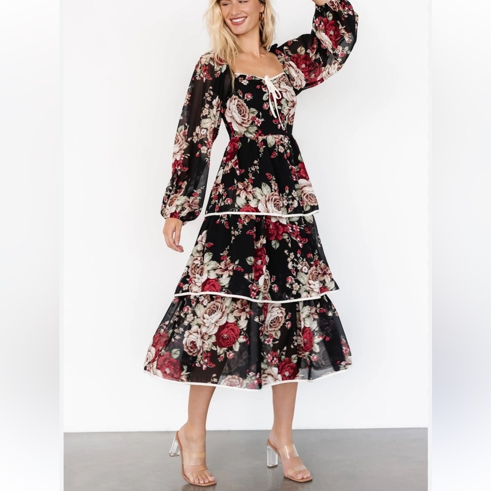 Baltic Born Viviana Tiered Floral Black and Red Long Sleeve Midi Dress